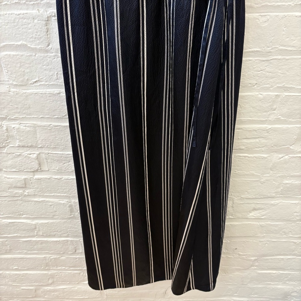 Theory || Hammered Silk Stripe Spaghetti Wrap Dress Midi Navy 4 - Picture 4 of 6